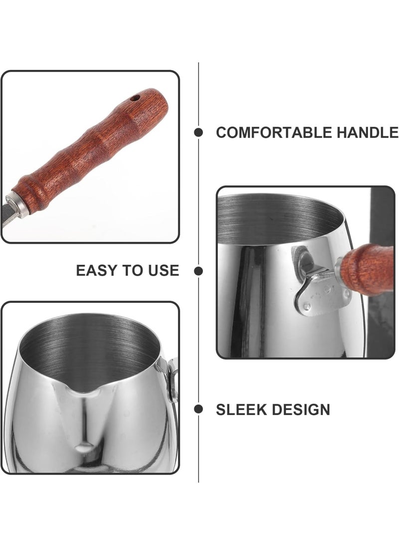 SYOSI Stainless Steel Milk Frothing Pitcher with Wooden Handle, 420ml Espresso Frother Jug with Dripless Spout for Latte Art, Coffee Steaming Cup for Cappuccino, Espresso, and Barista Use (Silver) - Image 2