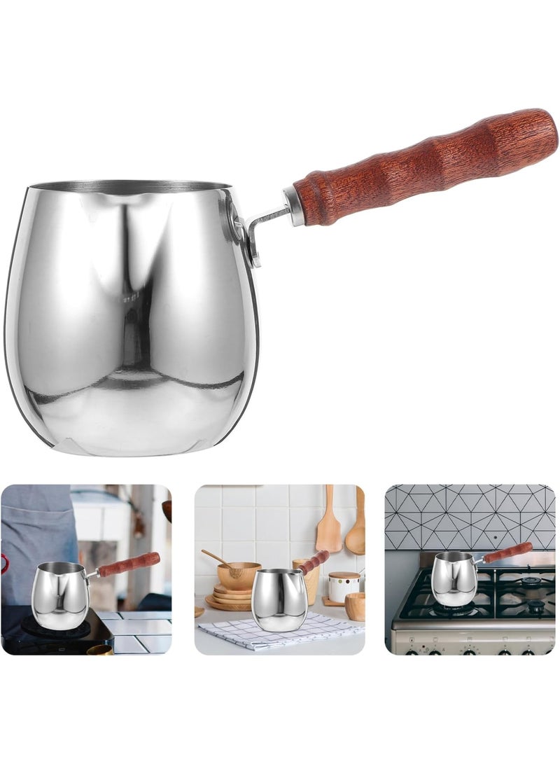 SYOSI Stainless Steel Milk Frothing Pitcher with Wooden Handle, 420ml Espresso Frother Jug with Dripless Spout for Latte Art, Coffee Steaming Cup for Cappuccino, Espresso, and Barista Use (Silver) - Image 5