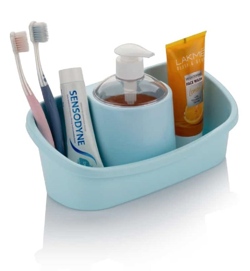 iSTAR Plastic Liquid Soap Dispenser Pump with Sponge Holder 250ml Multipurpose Sink Caddy Bathroom Kitchen Basin Tidy Organizer (Blue) - Image 2