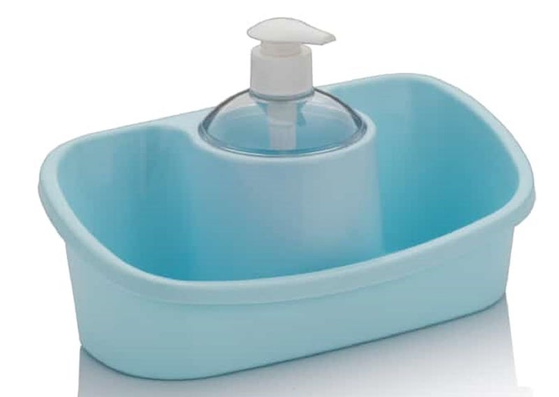 iSTAR Plastic Liquid Soap Dispenser Pump with Sponge Holder 250ml Multipurpose Sink Caddy Bathroom Kitchen Basin Tidy Organizer (Blue) - Image 3