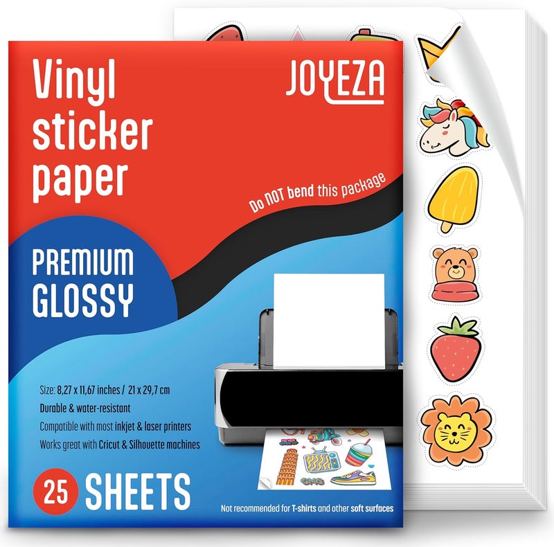 JOYEZA Premium Printable Vinyl Sticker Paper for Inkjet Printer - 25 Sheets Glossy White Waterproof, Dries Quickly Vivid Colors, Holds Ink well - Inkjet & Laser Printer - Pack may Vary - Image 1