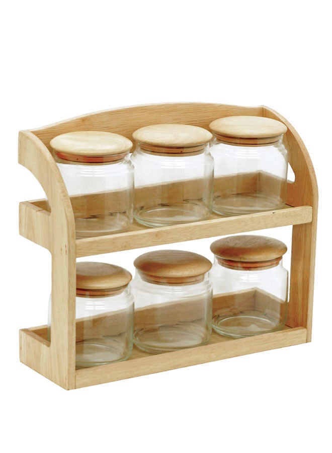 كوين وود طقم علب بهارات مكون من 6 قطع من الخشب و الزجاج محكم الغلق مع حامل خشبي بني / شفاف. مقاس الحامل: العرض 35 سم x العمق 12 سم x الارتفاع 30 سم، مقاس الزجاجة: داياميتر 10 سم x الارتفاع 10 سم.