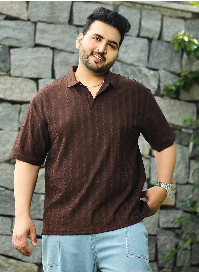 Instafab Plus Instafab Plus Men's Brown Spiralknot-Tactile Polo T-Shirt For Casual Wear | Polo Neck | Short Regular Sleeves | Half-Button Closure | Plus Size T-Shirt Crafted With Comfort Fit For Everyday Wear
