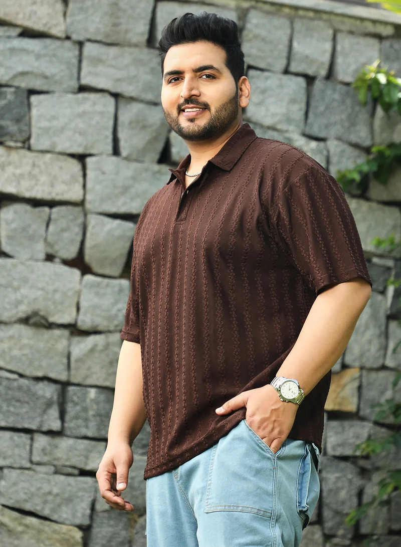 Instafab Plus Instafab Plus Men's Brown Spiralknot-Tactile Polo T-Shirt For Casual Wear | Polo Neck | Short Regular Sleeves | Half-Button Closure | Plus Size T-Shirt Crafted With Comfort Fit For Everyday Wear