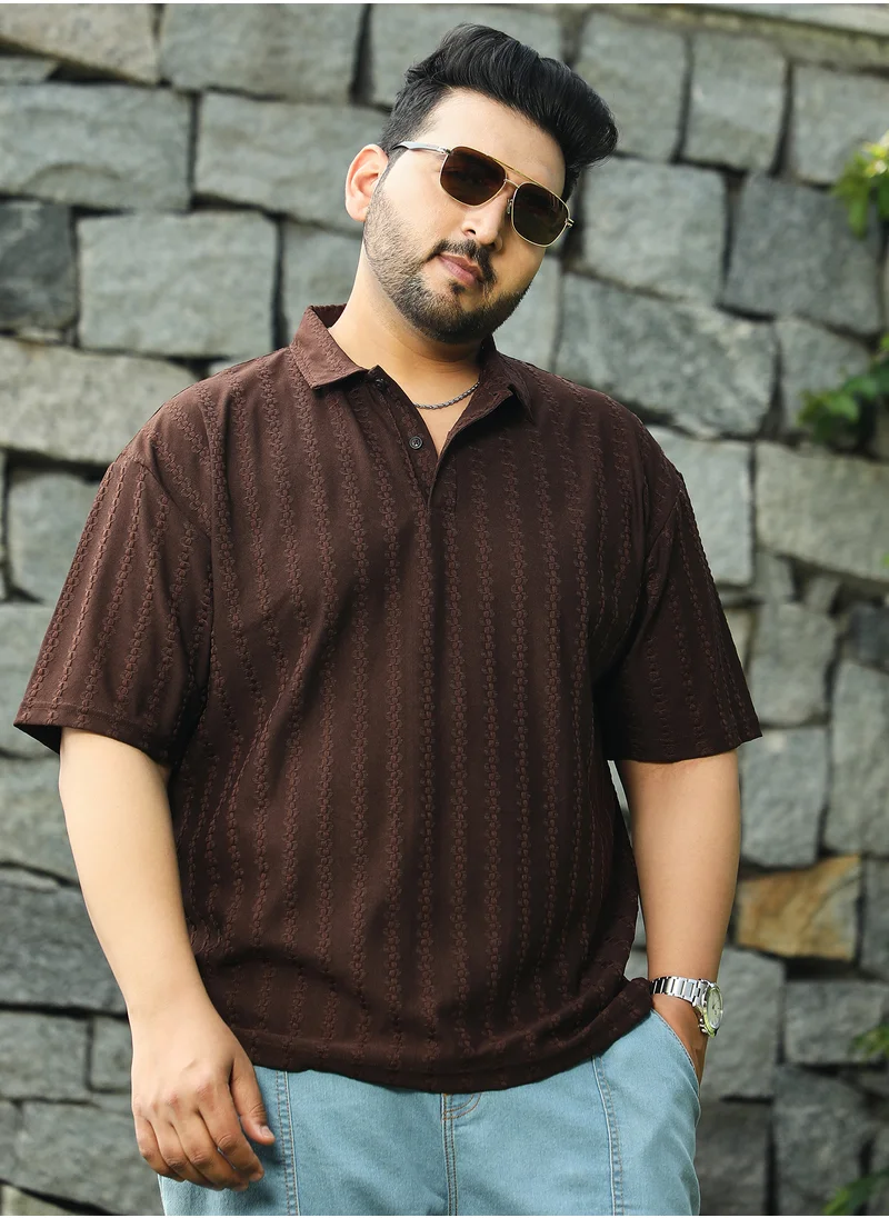 Instafab Plus Instafab Plus Men's Brown Spiralknot-Tactile Polo T-Shirt For Casual Wear | Polo Neck | Short Regular Sleeves | Half-Button Closure | Plus Size T-Shirt Crafted With Comfort Fit For Everyday Wear