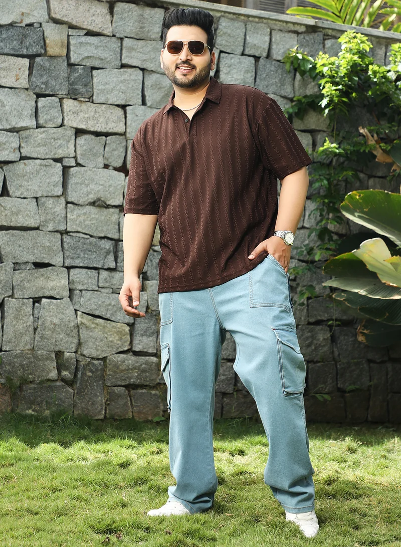 Instafab Plus Instafab Plus Men's Brown Spiralknot-Tactile Polo T-Shirt For Casual Wear | Polo Neck | Short Regular Sleeves | Half-Button Closure | Plus Size T-Shirt Crafted With Comfort Fit For Everyday Wear