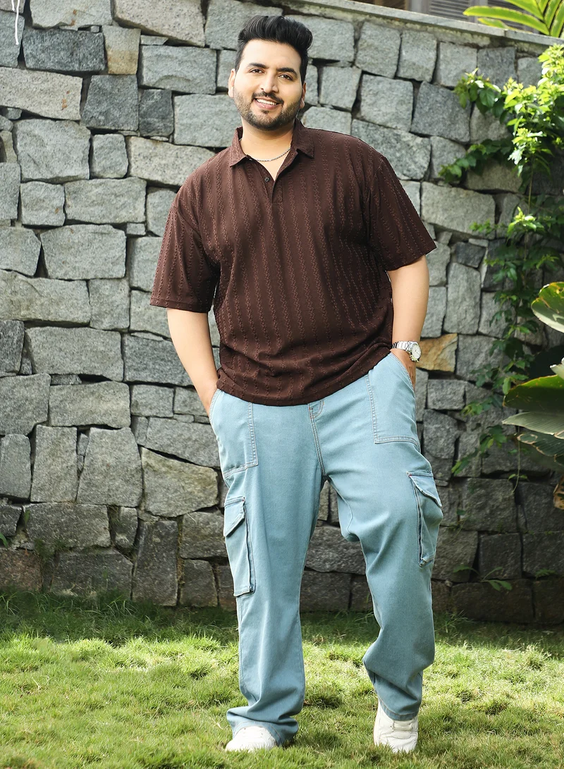 Instafab Plus Instafab Plus Men's Brown Spiralknot-Tactile Polo T-Shirt For Casual Wear | Polo Neck | Short Regular Sleeves | Half-Button Closure | Plus Size T-Shirt Crafted With Comfort Fit For Everyday Wear