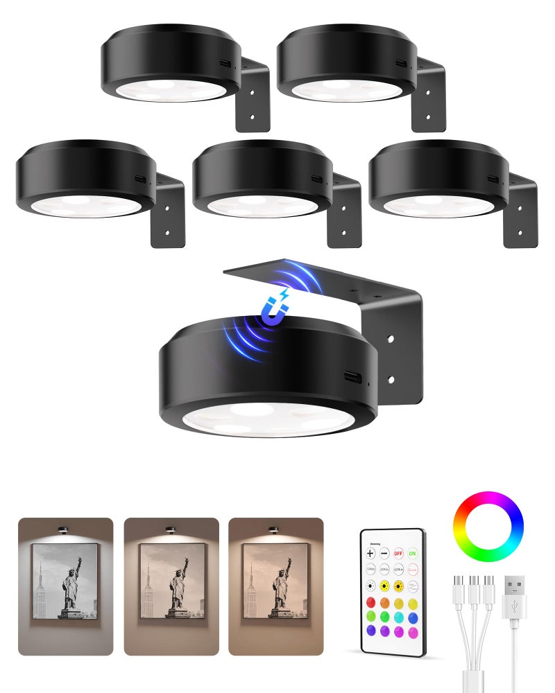 EZVALO Picture Lights for Wall 2000mAh Rechargeable Battery Magnetic Poster Lights with 3 Color Temps 12 RGB Remote Dimmable Timer Painting Light Wall Decor Light for Art Display Frame 6 Pack
