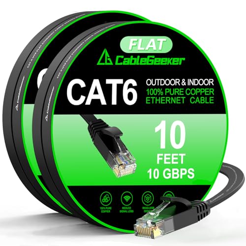 CableGeeker Cat 6 Ethernet Cable 10ft 2-Pack, Indoor&Outdoor, High Speed 10Gbps Internet Network, Pure Copper Flat Ethernet Patch Cable Long, Computer LAN Cable with Clips&Straps for Router,Modem,PS4/5, Black - Image 1