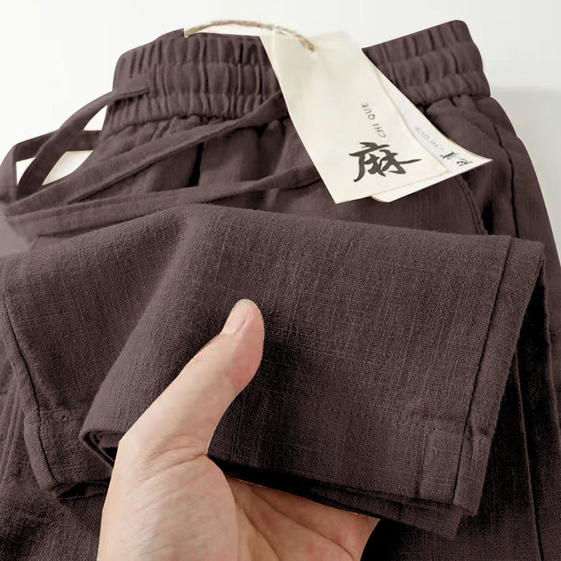 Linen Pants Mens 2025 Summer Thin Cotton and Linen Pants Mens Ramie Fabric Casual Pants Loose Straight Long Pants Brown - Image 1