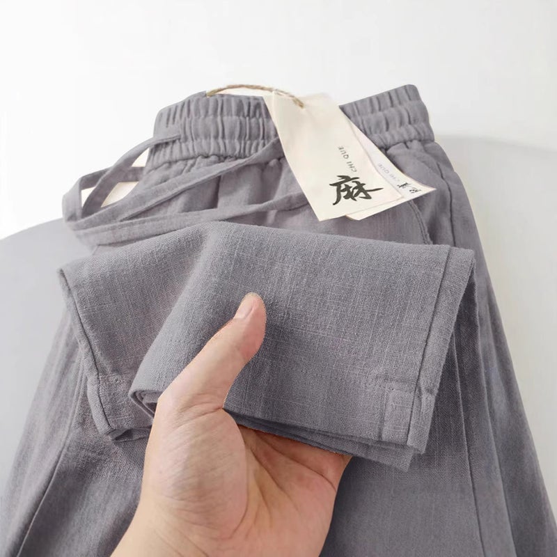 Linen Pants Mens 2025 Summer Thin Cotton and Linen Pants Mens Ramie Fabric Casual Pants Loose Straight Long Pants Brown - Image 5
