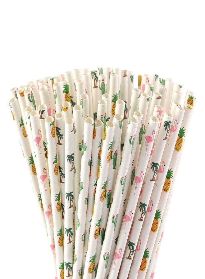 ALINK Hawaiian Tropical Party Paper Straws, Flamingo/Pineapple/Cactus/Coconut Tree Biodegradable Straws for Beach Cocktail Luau Decorations, Pack of 100 - Image 1