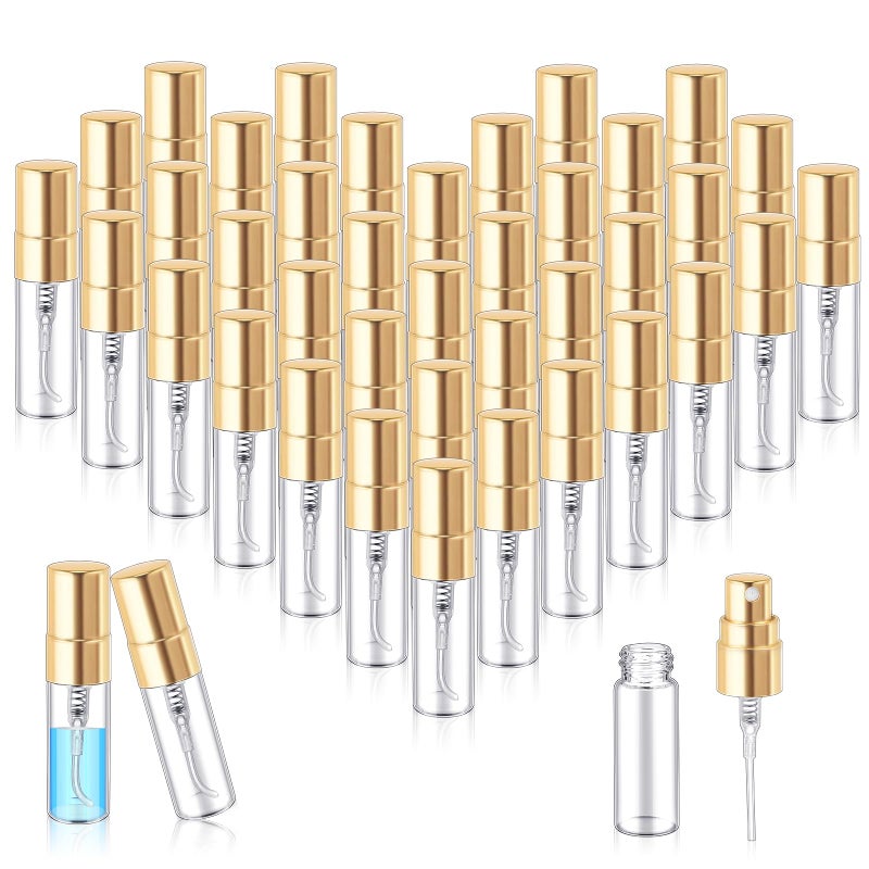 Zhehao 50 Pcs Mini Spray Bottles 3 ml Clear Glass Perfume Bottles Refillable Fine Mist Perfume Atomizer Portable Empty Sample Containers for Cleaning Essential Oils Travel Gold Cap - Image 2