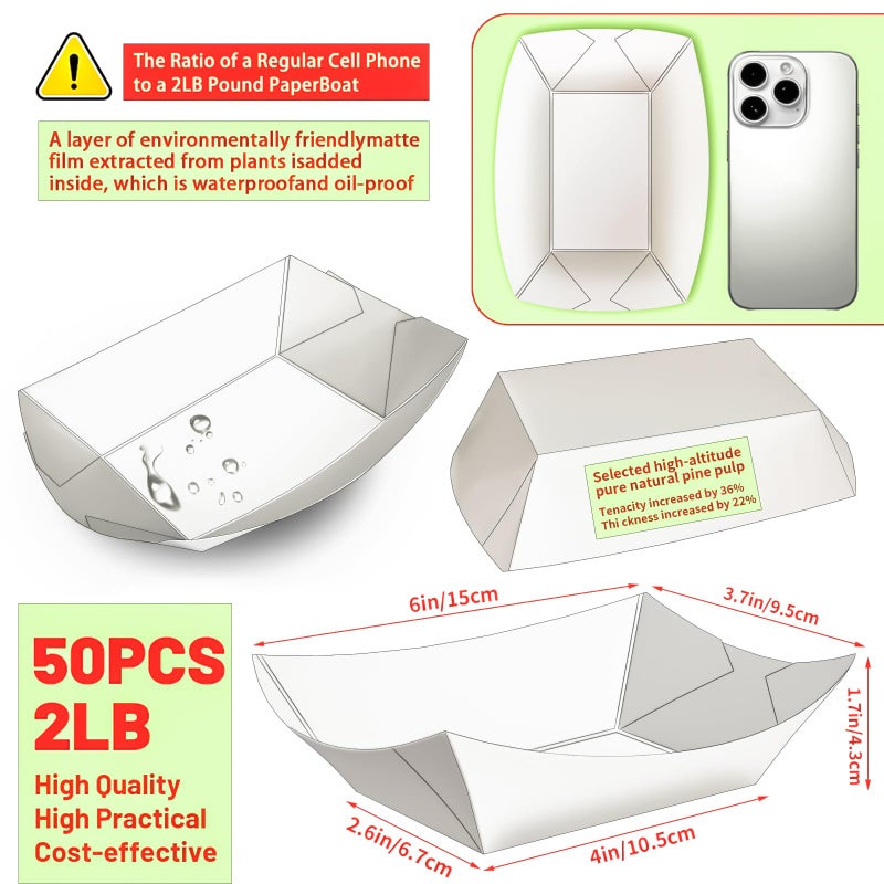 MotBach 50 Pack 2Lb Paper Food Boat Trays Disposable Paper Boat Plate Containers, White Kraft Food Serving Tray Boats Baskets for Snack Popcorn Dessert BBQ Hot Dog Burger Sandwich Taco Fries Nacho - Image 2