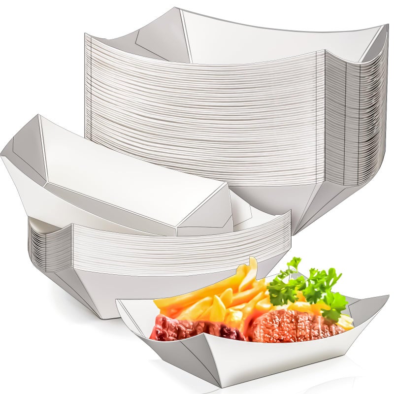 MotBach 50 Pack 2Lb Paper Food Boat Trays Disposable Paper Boat Plate Containers, White Kraft Food Serving Tray Boats Baskets for Snack Popcorn Dessert BBQ Hot Dog Burger Sandwich Taco Fries Nacho - Image 1