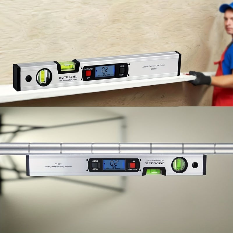 400MM Silver Magnetic Digital Level Inclinometer Protractor With Backlight Vertical And Horizontal Bubble For Construction Carpenter Craftsman Renovation Professional Home Use Battery Not Included - Image 1