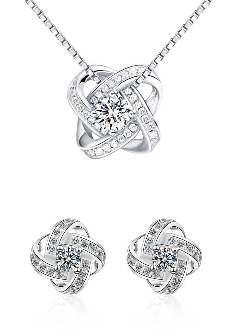 SYNSYB Elegant Crystal  Love Knot Jewelry Set for Women - Genuine Silver Plated Necklace & Stud Earrings Gift Set, Safe Hypoallergenic Materia With Luxury Gift Box  - Image 1