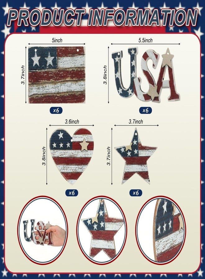 Junkin 24 Pcs 4th of July Wooden Ornaments Vintage Patriotic Tree Decorations Rustic Stars Hearts Flags USA Red White Blue Hanging Ornaments for 250th Anniversary Memorial Independence Day Party Decor - Image 2