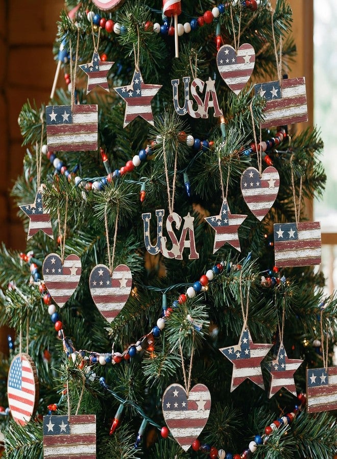 Junkin 24 Pcs 4th of July Wooden Ornaments Vintage Patriotic Tree Decorations Rustic Stars Hearts Flags USA Red White Blue Hanging Ornaments for 250th Anniversary Memorial Independence Day Party Decor - Image 1