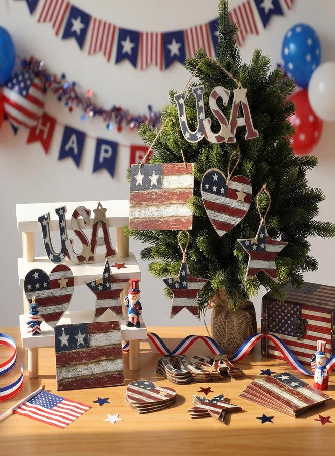 Junkin 24 Pcs 4th of July Wooden Ornaments Vintage Patriotic Tree Decorations Rustic Stars Hearts Flags USA Red White Blue Hanging Ornaments for 250th Anniversary Memorial Independence Day Party Decor - Image 3