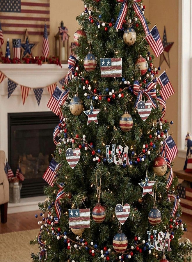 Junkin 24 Pcs 4th of July Wooden Ornaments Vintage Patriotic Tree Decorations Rustic Stars Hearts Flags USA Red White Blue Hanging Ornaments for 250th Anniversary Memorial Independence Day Party Decor - Image 4