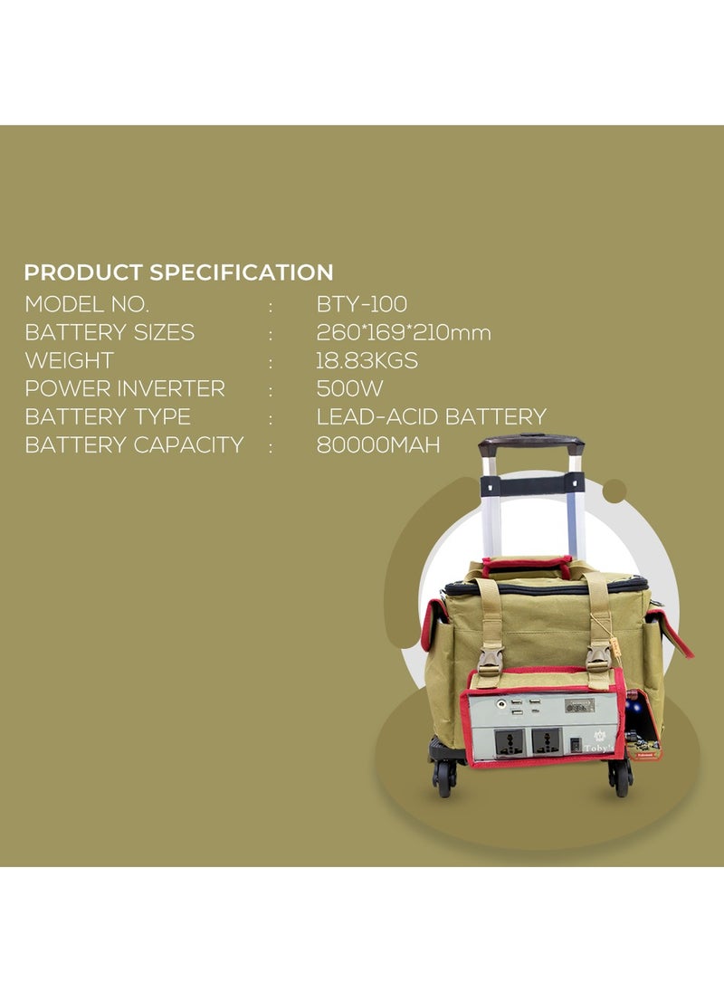 Toby's - Toby's BTY-100 Battery 80000mAh Power with trolley, Rechargeable Battery With 500Watts Power Inverter  with small lamp and COB light Best For Camping and outdoor activities - Image 1