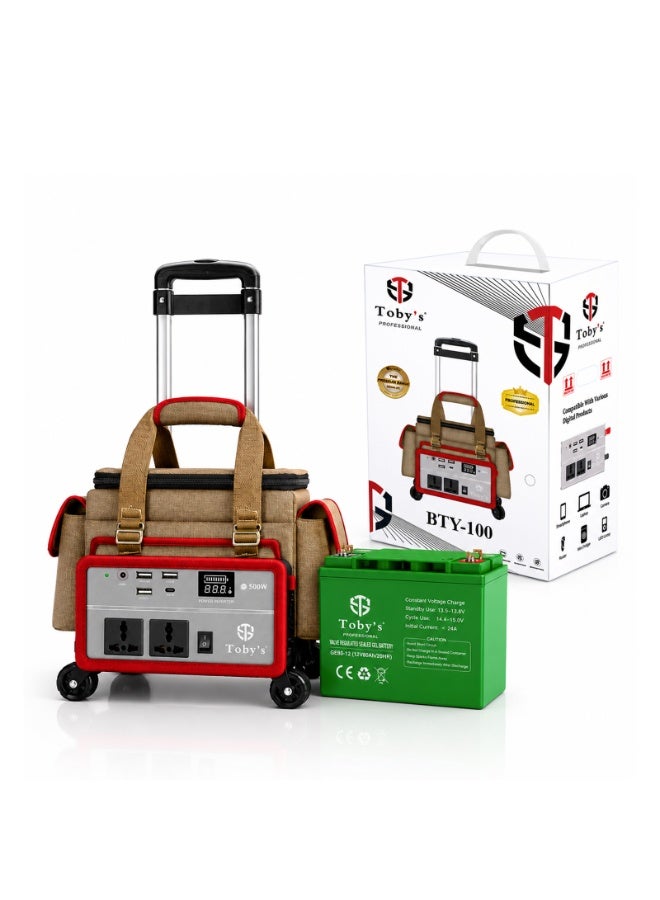 Toby's BTY-100 Battery 80000mAh Power with trolley, Rechargeable Battery With 500Watts Power Inverter  with small lamp and COB light Best For Camping and outdoor activities - Image 1