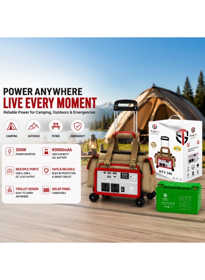 Toby's BTY-100 Battery 80000mAh Power with trolley, Rechargeable Battery With 500Watts Power Inverter  with small lamp and COB light Best For Camping and outdoor activities - Image 2