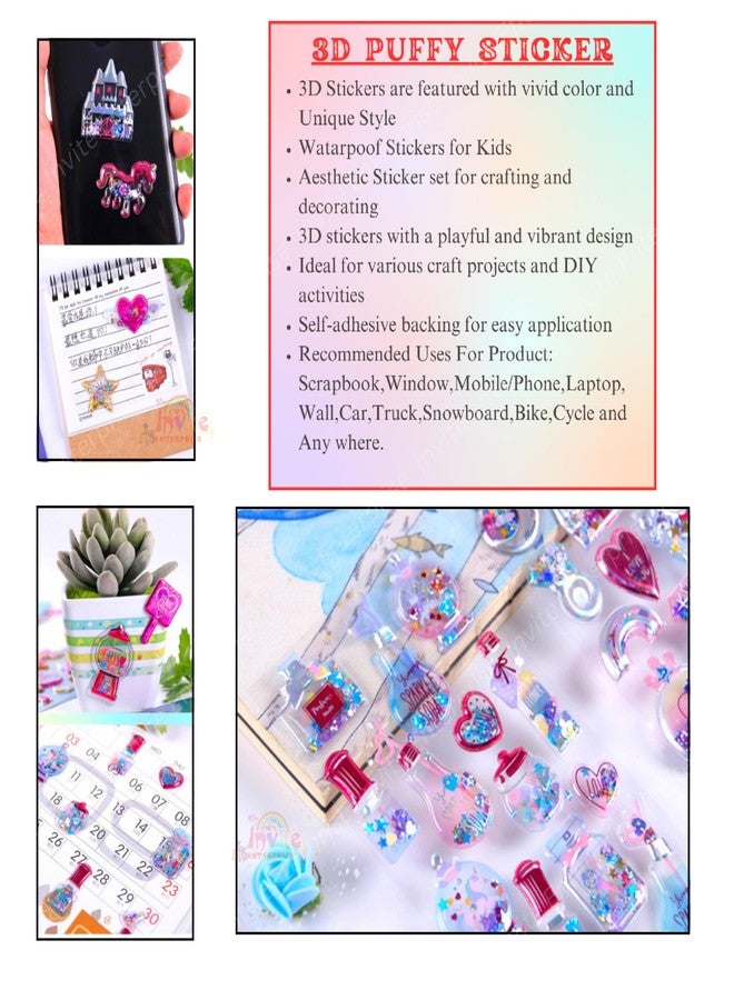 Invite Enterprise Kawaii Stickers Set – Puffy Stickers for Kids,3D Stickers for Girls,Aesthetic Sticker,Cute Stickers,Foam Stickers for Kids,Craft Stickers,Self Adhesive Stickers(Glitter Magic Seal-12 Sheet Mix Design) - Image 2