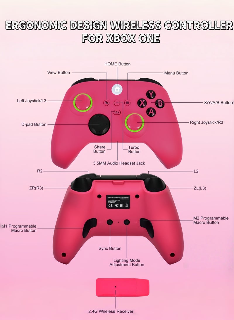 CoolRabbie RGB Wireless Game Controller For Xbox One, Xbox Series X/S, Xbox One X/S, PC, With 800mAh Battery, Programmable, Turbo Function, 4 Lighting Modes, With 2.4GHZ Wireless Adapter Gamepad With Hall Effect Joysticks , Pink - Image 4