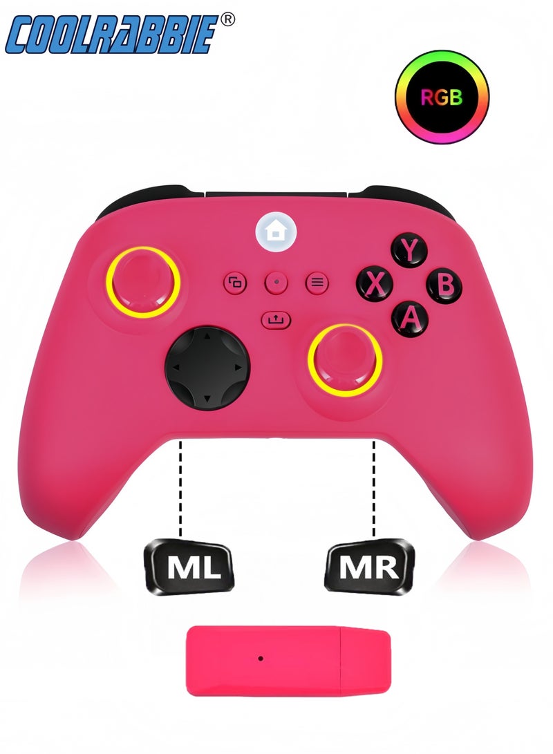 CoolRabbie RGB Wireless Game Controller For Xbox One, Xbox Series X/S, Xbox One X/S, PC, With 800mAh Battery, Programmable, Turbo Function, 4 Lighting Modes, With 2.4GHZ Wireless Adapter Gamepad With Hall Effect Joysticks , Pink - Image 1