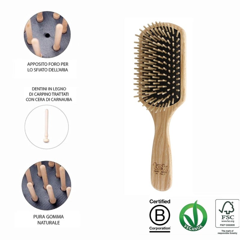 TEK- Rectangular Brush with Long Tooth in Ash Wood Handmade in Italy, for Long, Thick and Straight Hair - 22 x 6.5 cm - Image 3