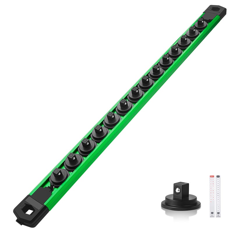 Reniteco Magnetic Socket Organizer, 1/4" Drive Aluminum Alloy Socket Rail, Heavy Duty Magnetic Socket Holder with 14PC 360Â° Swivel Removable Clips, Magnetic Socket Rack for Tool Box Drawer, Green - Image 1