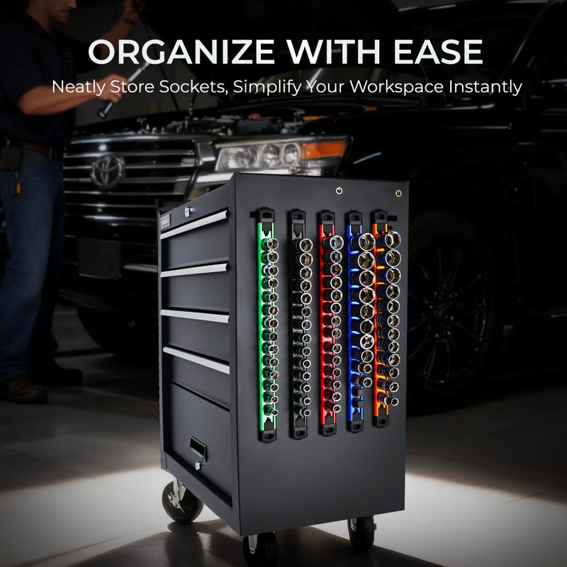 Reniteco Magnetic Socket Organizer, 1/4" Drive Aluminum Alloy Socket Rail, Heavy Duty Magnetic Socket Holder with 14PC 360Â° Swivel Removable Clips, Magnetic Socket Rack for Tool Box Drawer, Green - Image 2
