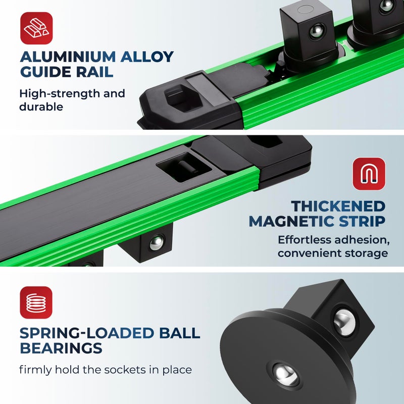 Reniteco Magnetic Socket Organizer, 1/4" Drive Aluminum Alloy Socket Rail, Heavy Duty Magnetic Socket Holder with 14PC 360Â° Swivel Removable Clips, Magnetic Socket Rack for Tool Box Drawer, Green - Image 3