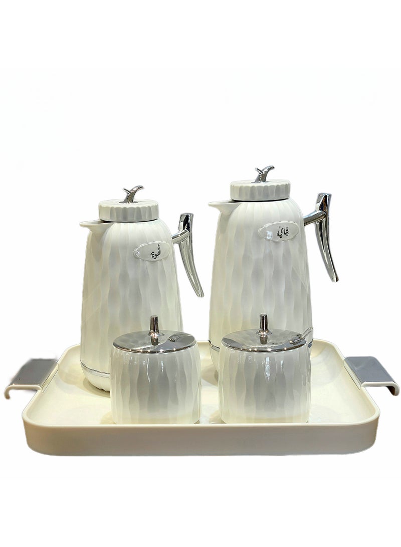 AL OSTORAH A 5-piece set consisting of two thermoses, 1 liter and 0.7 liter, silver and white, in addition to a luxurious serving tray and two boxes for serving sugar, sweets, dates and nuts. - Image 1