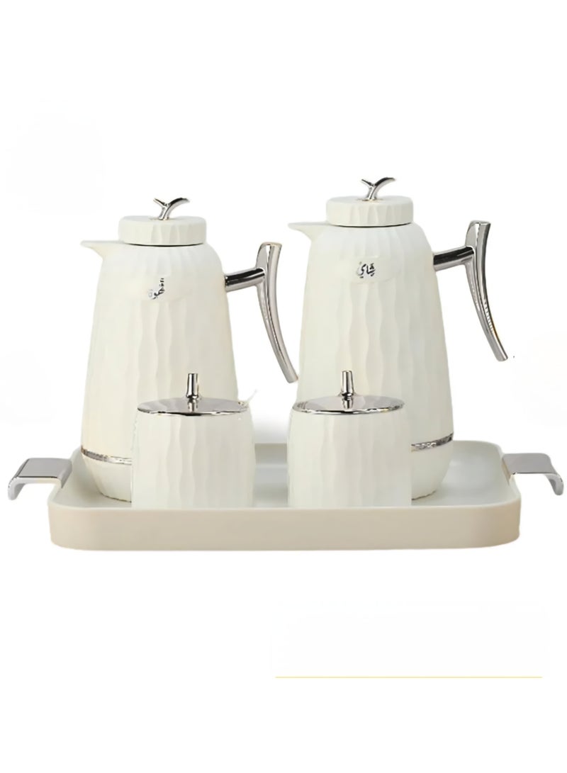 AL OSTORAH A 5-piece set consisting of two thermoses, 1 liter and 0.7 liter, silver and white, in addition to a luxurious serving tray and two boxes for serving sugar, sweets, dates and nuts. - Image 2