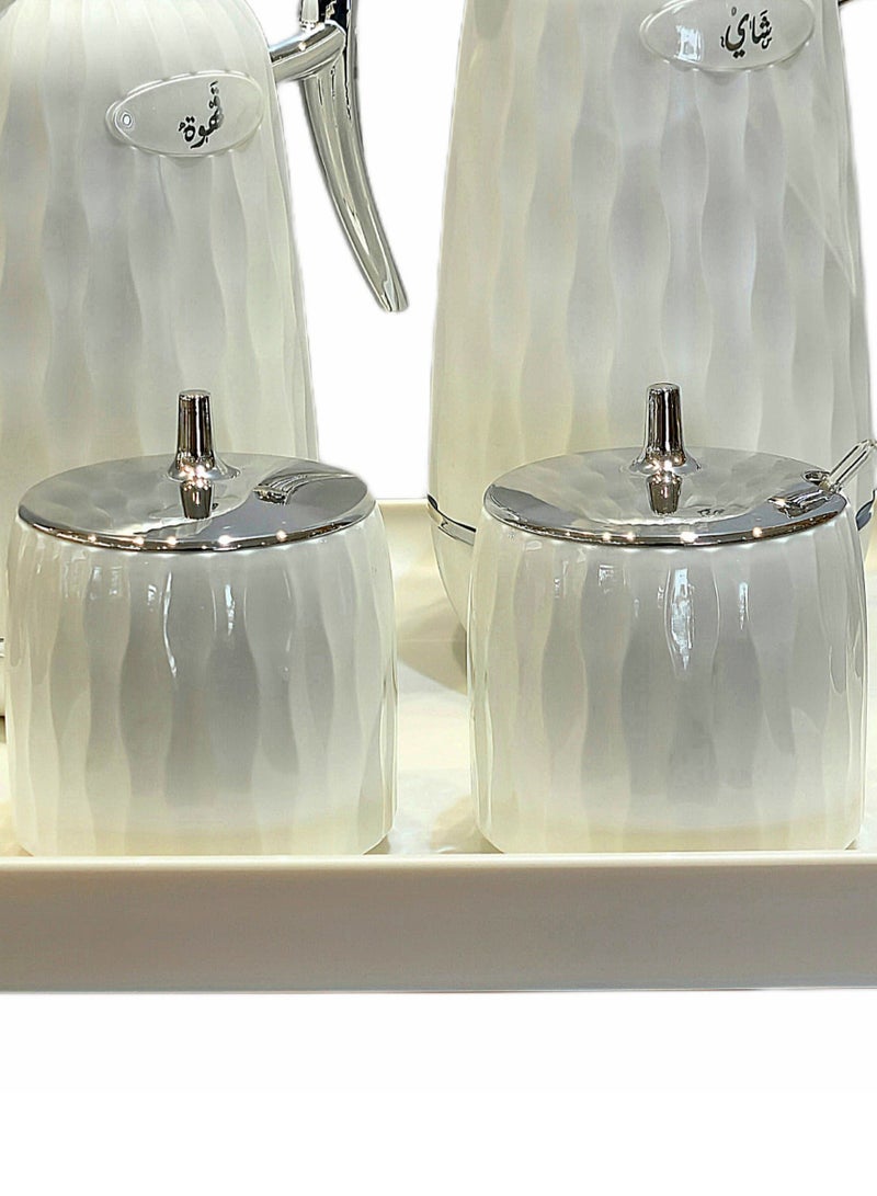 AL OSTORAH A 5-piece set consisting of two thermoses, 1 liter and 0.7 liter, silver and white, in addition to a luxurious serving tray and two boxes for serving sugar, sweets, dates and nuts. - Image 3