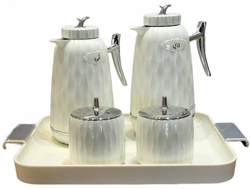 AL OSTORAH A 5-piece set consisting of two thermoses, 1 liter and 0.7 liter, silver and white, in addition to a luxurious serving tray and two boxes for serving sugar, sweets, dates and nuts. - Image 1
