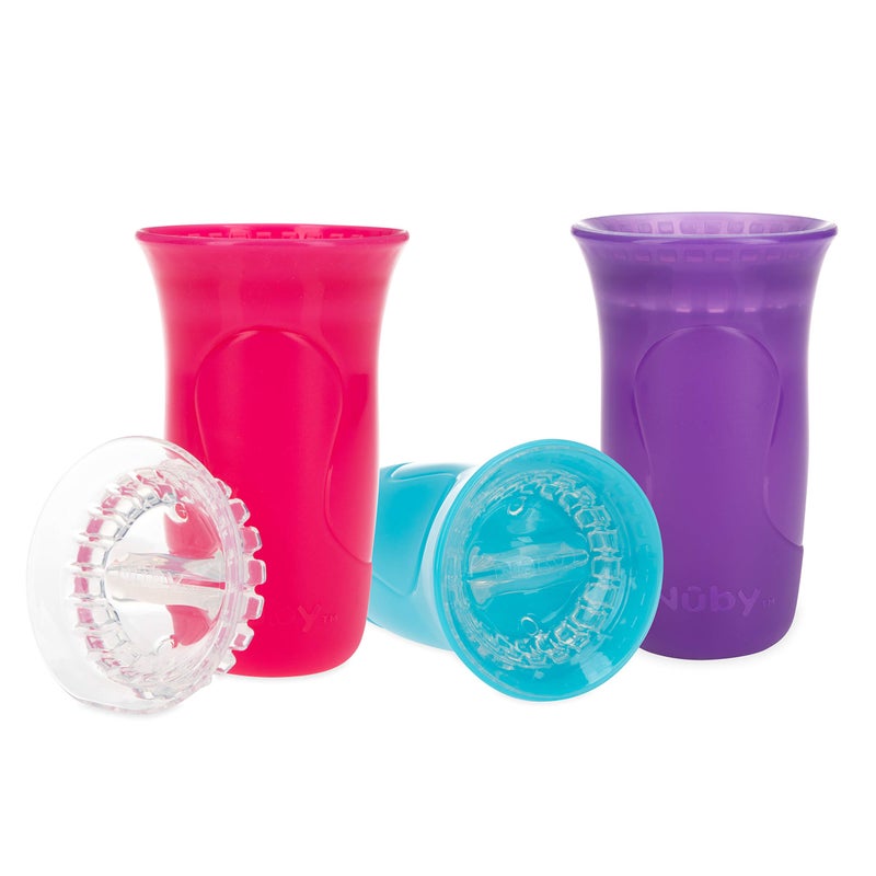 Nuby 3-Piece No-Spill Smart Edge 360 Cup with Touch Flo Easy Clean Silicone Rim, 10 Oz, Girl (Color May Vary) - Image 1