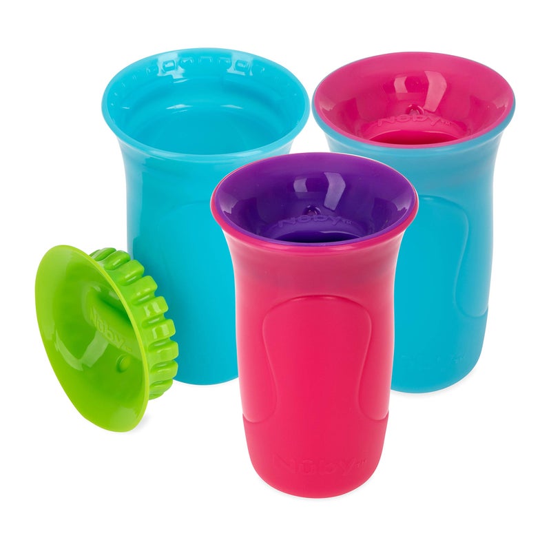 Nuby 3-Piece No-Spill Smart Edge 360 Cup with Touch Flo Easy Clean Silicone Rim, 10 Oz, Girl (Color May Vary) - Image 2