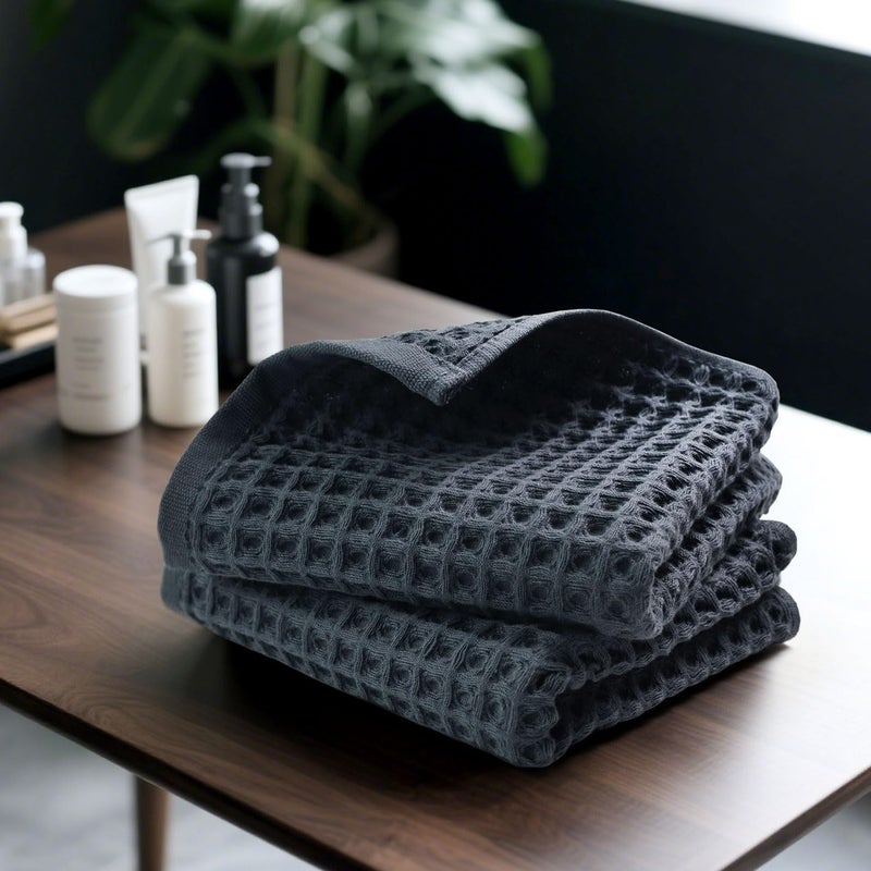 Jacquotha Waffle Hand Towels for Bathroom 2-Piece (Charcoal Blue) â€“ Cotton Quick Dry Lint Free Face Towels 13â€ x 29â€ - Image 2