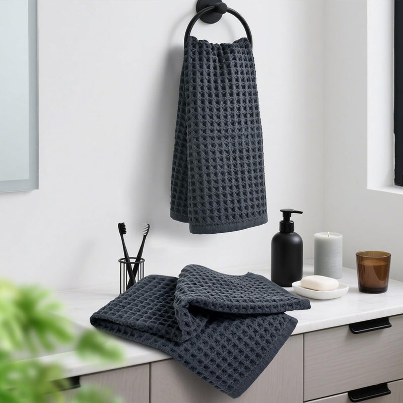 Jacquotha Waffle Hand Towels for Bathroom 2-Piece (Charcoal Blue) â€“ Cotton Quick Dry Lint Free Face Towels 13â€ x 29â€ - Image 5