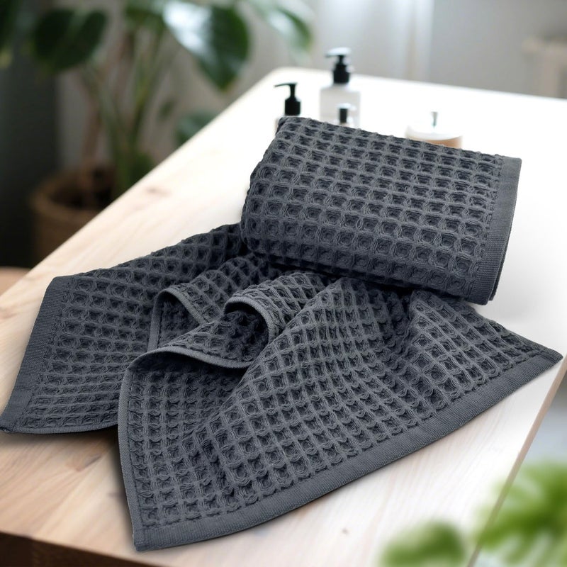 Jacquotha Waffle Hand Towels for Bathroom 2-Piece (Charcoal Blue) â€“ Cotton Quick Dry Lint Free Face Towels 13â€ x 29â€ - Image 3