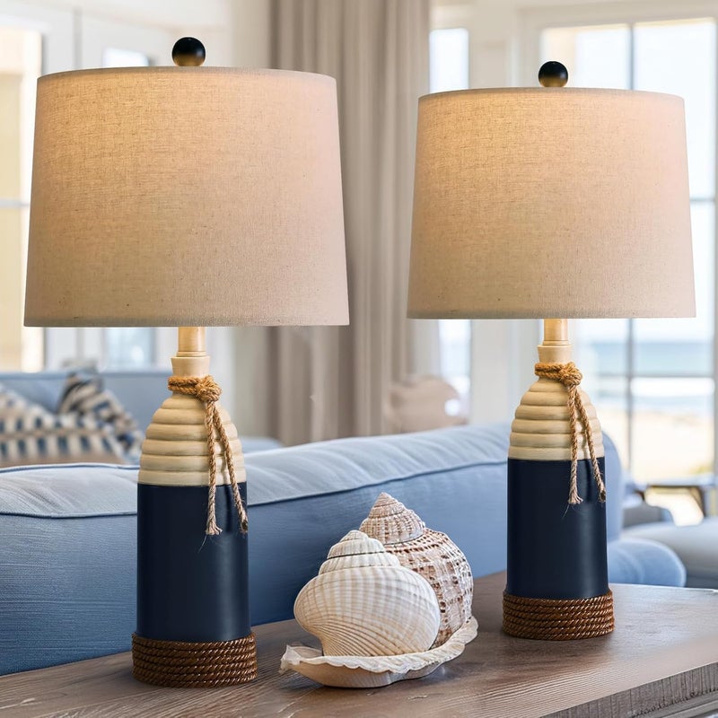 OYEARS 23.75" Table Lamps Set of 2, Bedside Lamps for Nightstands, Nautical Table Lamps for Living Room, Coastal Ocean Beach Style, Resin, Navy Blue - Image 4