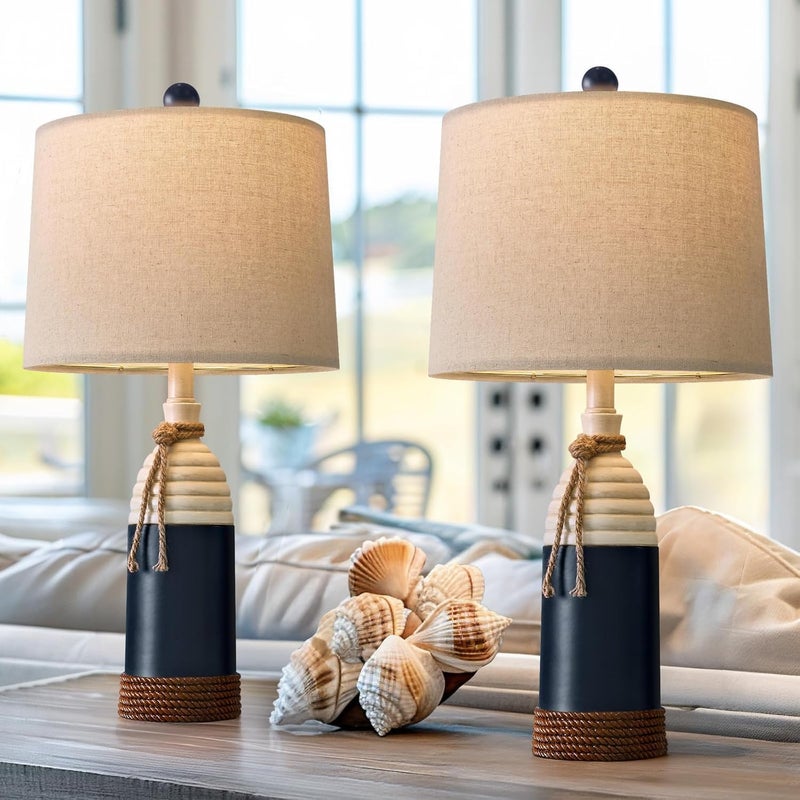 OYEARS 23.75" Table Lamps Set of 2, Bedside Lamps for Nightstands, Nautical Table Lamps for Living Room, Coastal Ocean Beach Style, Resin, Navy Blue - Image 3