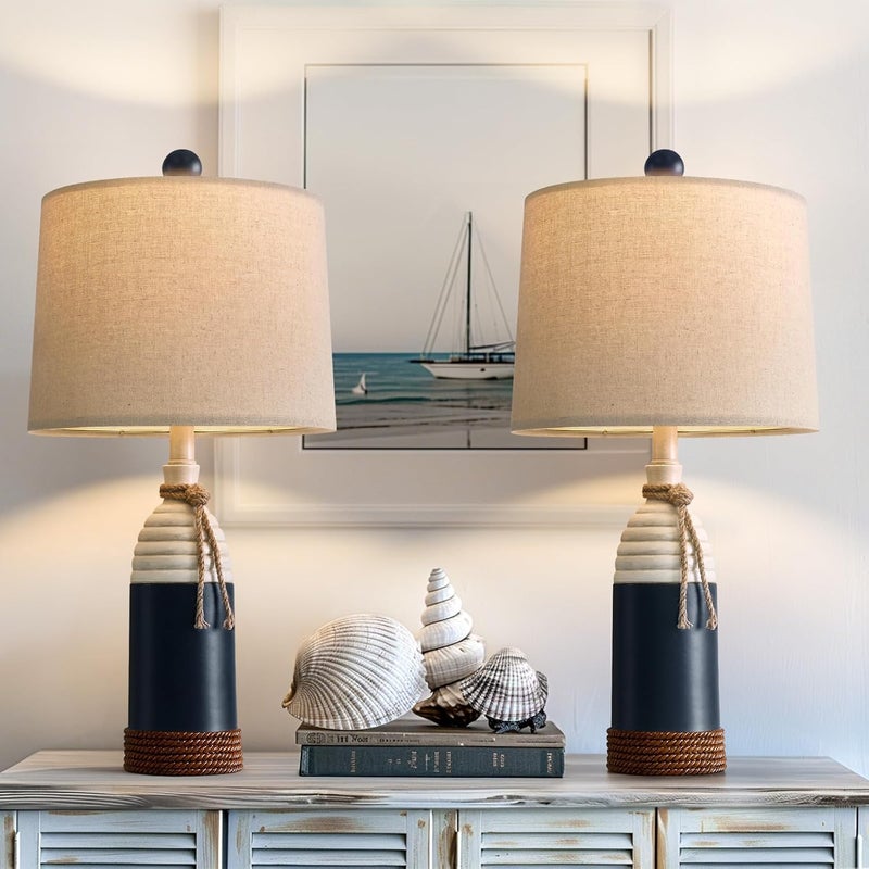 OYEARS 23.75" Table Lamps Set of 2, Bedside Lamps for Nightstands, Nautical Table Lamps for Living Room, Coastal Ocean Beach Style, Resin, Navy Blue - Image 1