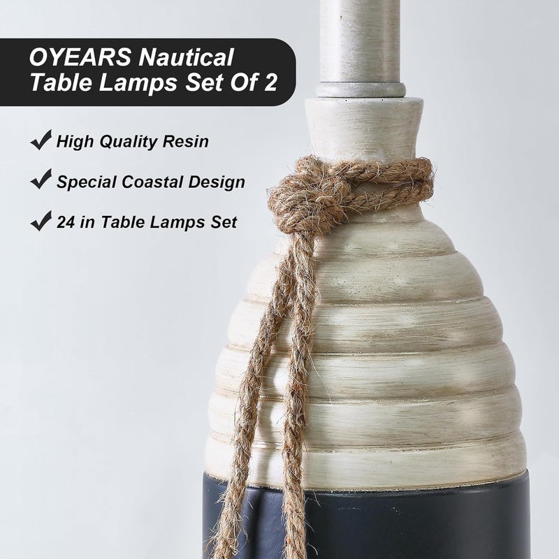 OYEARS 23.75" Table Lamps Set of 2, Bedside Lamps for Nightstands, Nautical Table Lamps for Living Room, Coastal Ocean Beach Style, Resin, Navy Blue - Image 2