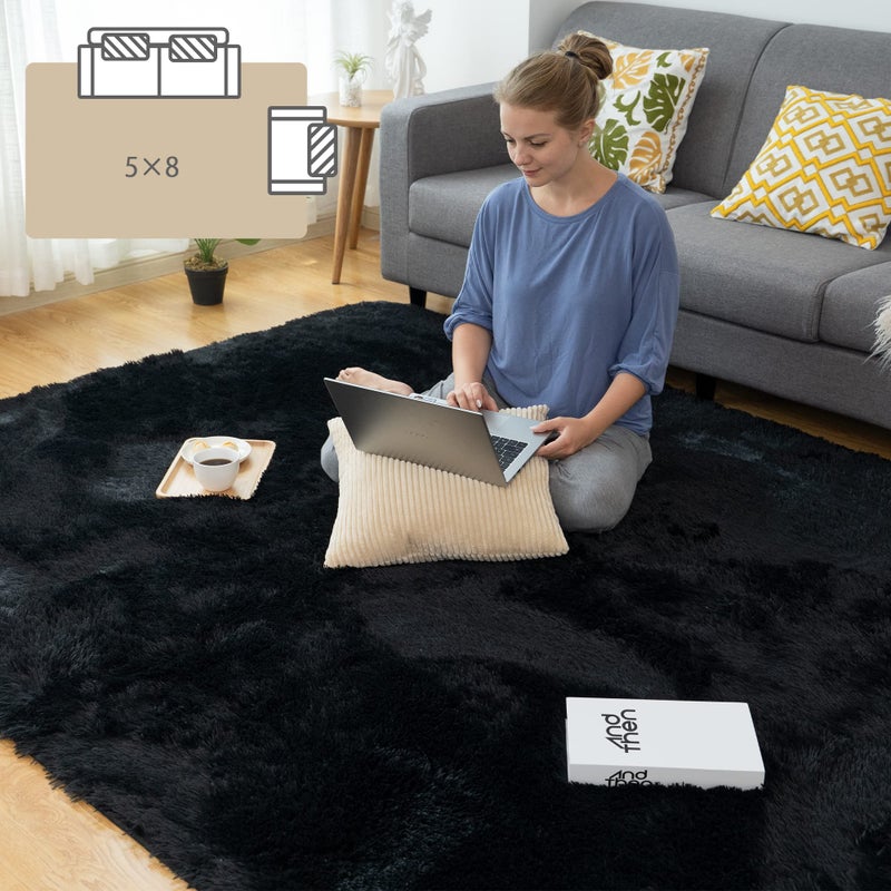 CHOSHOME Large Bedroom Rug Super Soft Fluffy Living Room Rugs Velvet Shag Carpet Anti Slip Carpet Modern Indoor Large Fluffy Rugs Bedroom Shaggy Rugs Comfortable Mat Black150 x 240cm
