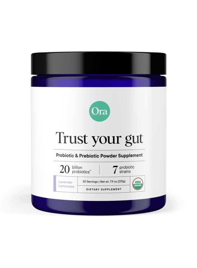 Ora Organic Prebiotic and Probiotic Powder Supplement - 20 Billion Probiotics, 7 Strains for Best Prebiotic Powder, Non-GMO, Probiotics for Women, Men & Kids - Lavender Lemonade Flavor, 30 Servings  - Image 1
